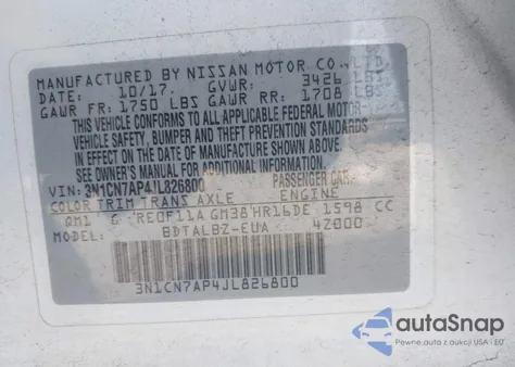 2018 Nissan Versa 1.6 Sv from USA, damaged, VIN 3N1CN7AP4JL826800